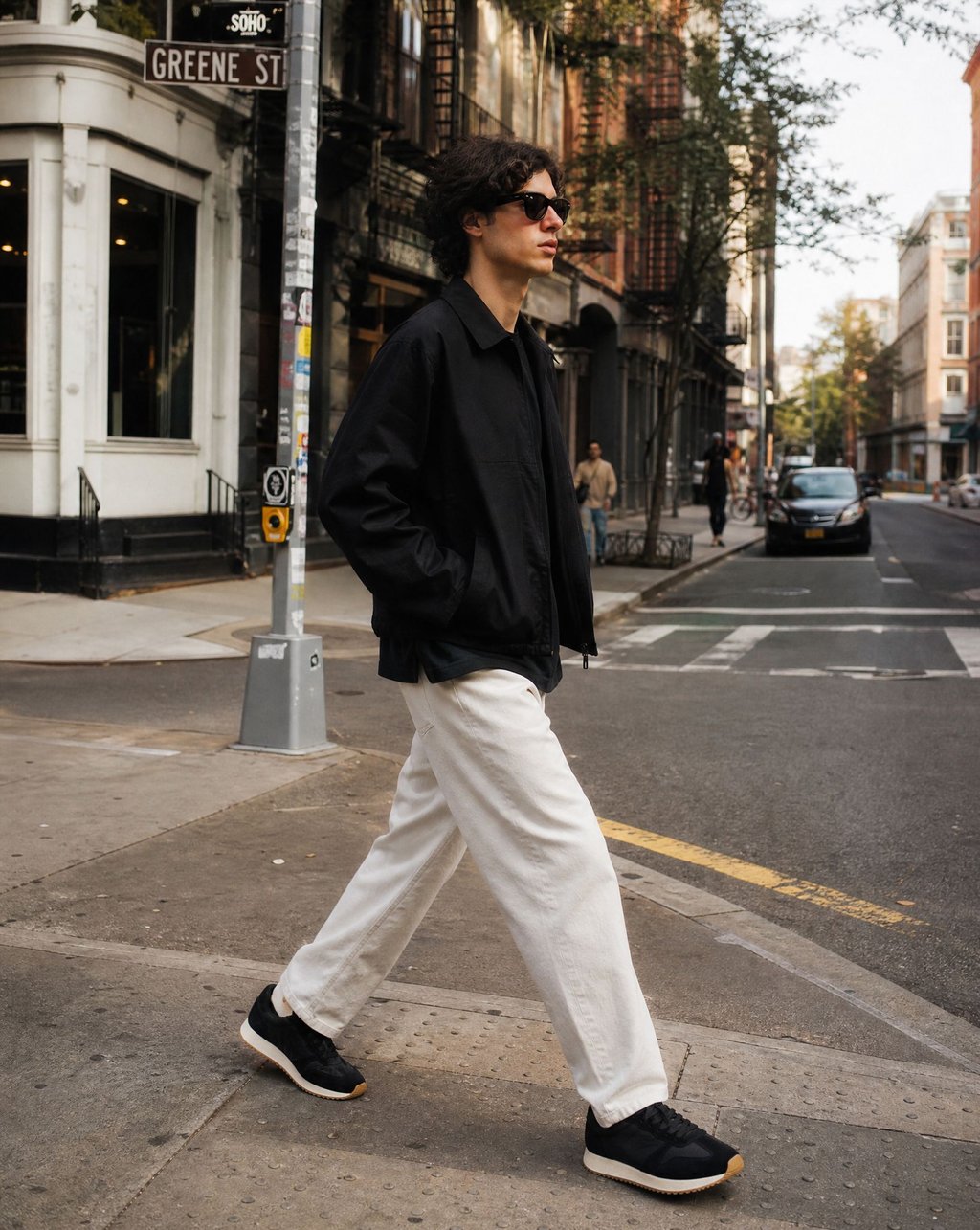 Model in a black jacket and white trousers wearing black trainers while crossing a SoHo street