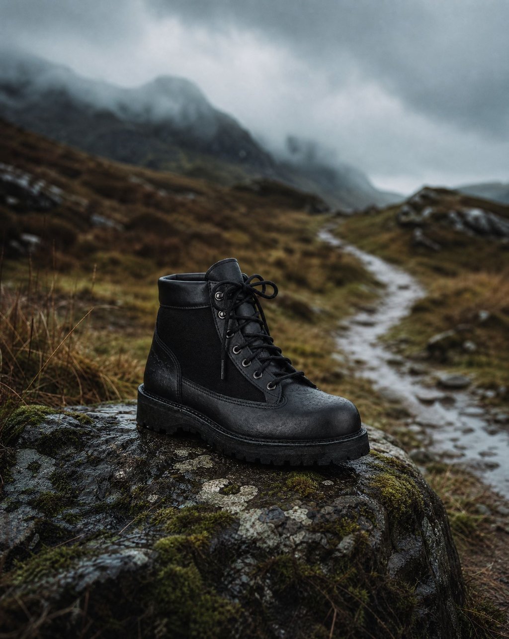 Black leather hiking boot standing on a wet mossy rock beside a highland trail under overcast skies