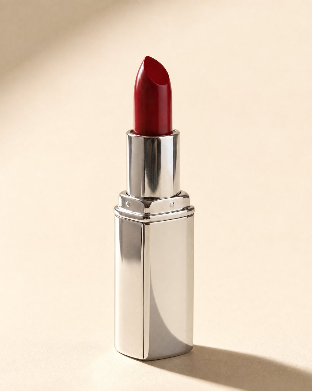 A red lipstick in a polished silver tube standing upright on a warm beige surface with a hard directional shadow