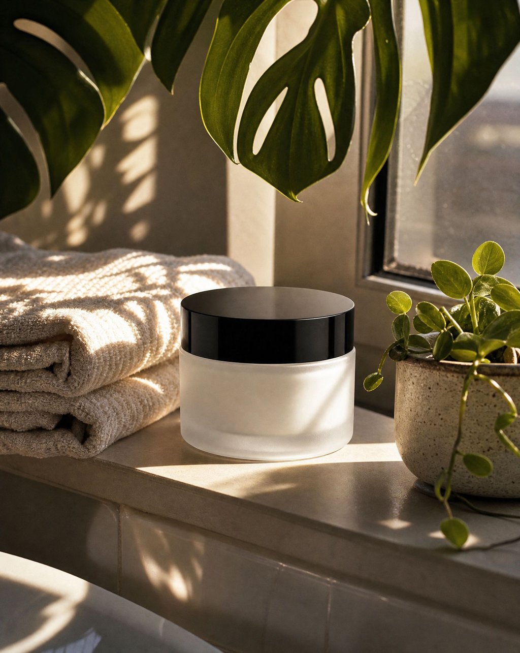 Frosted glass lotion jar with a black lid on a sunlit bathroom windowsill beside folded towels and a potted plant