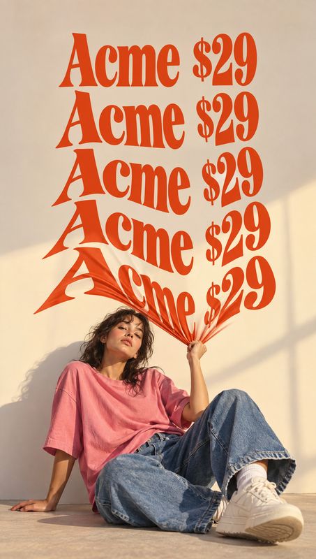 casual outfit model try-on product photo: A seated model in a pink T-shirt, loose blue jeans, and white sneakers poses against a warm studio wall beneath overs…