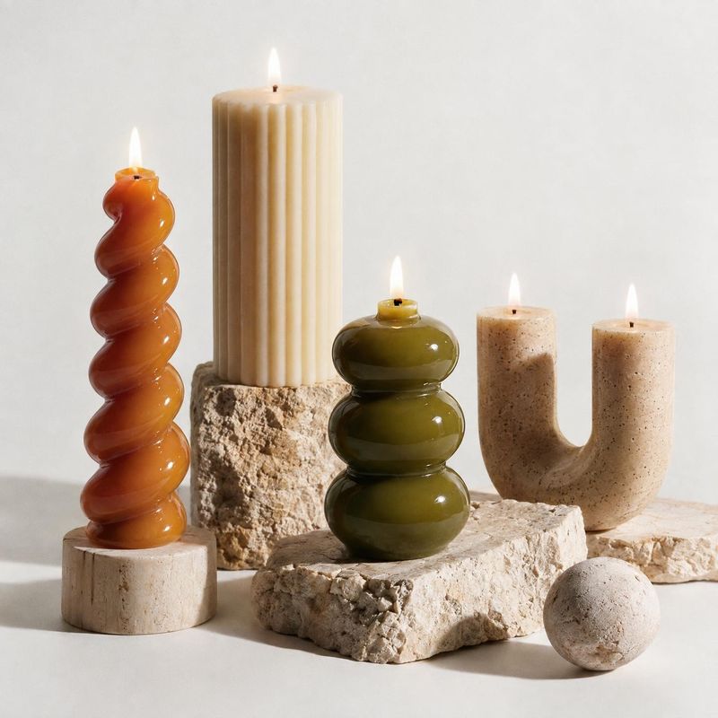 decorative candles still life product photo: Sculptural candles in warm amber, ivory, olive and sand tones are arranged on rough stone blocks against a pale st…