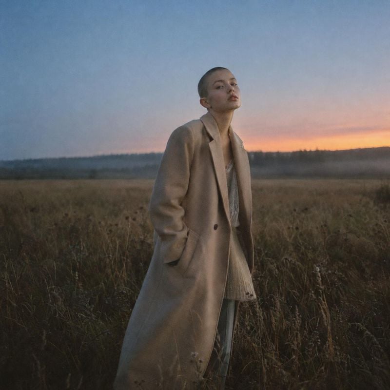 long beige coat look book product photo: A model in a long beige coat stands in a windswept field at dusk, with soft twilight and a quiet, cinematic mood.