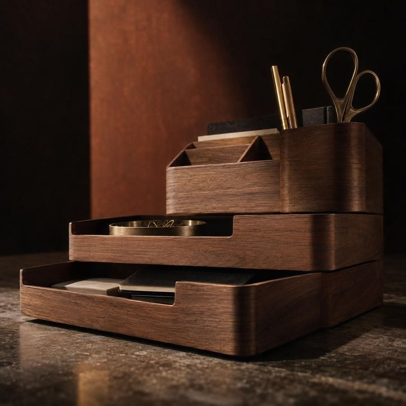 wooden desk organizer still life product photo: A walnut-toned desk organizer with stacked trays and compartments holds stationery against a dark, warmly lit i…