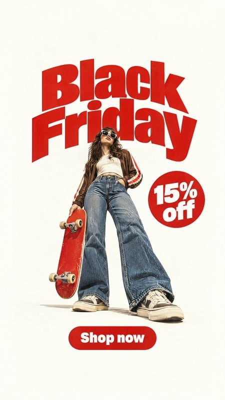 casual apparel fashion product photo: A woman in casual streetwear stands with a red skateboard against a bright studio backdrop, beneath bold red Black Friday…