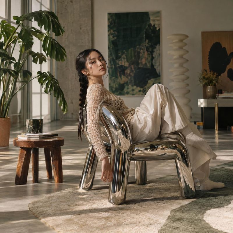 knit top and trousers look book product photo: A model in a delicate open-knit top and flowing ivory trousers reclines on a sculptural chrome chair in a plant-…