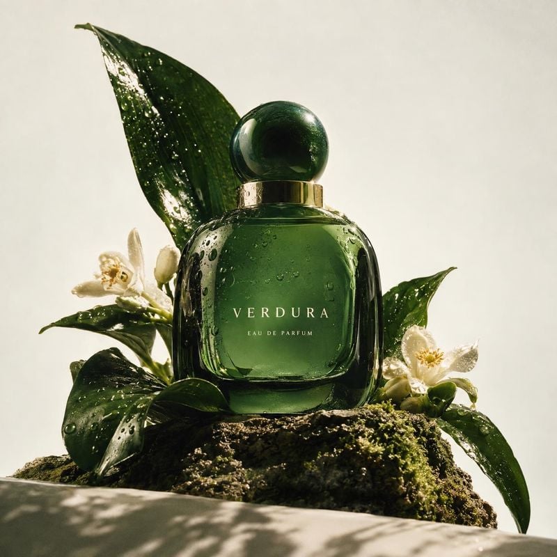 perfume still life product photo: A deep green perfume bottle labeled “VERDURA” is nestled among glossy, dew-covered leaves, white flowers, and moss, lit by wa…