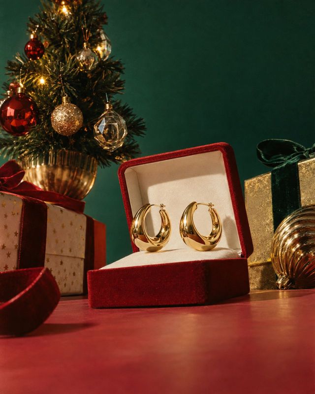 gold hoop earrings christmas product photo: Gold hoop earrings sit in an open red velvet jewelry box among wrapped gifts and a lit Christmas tree, styled again…
