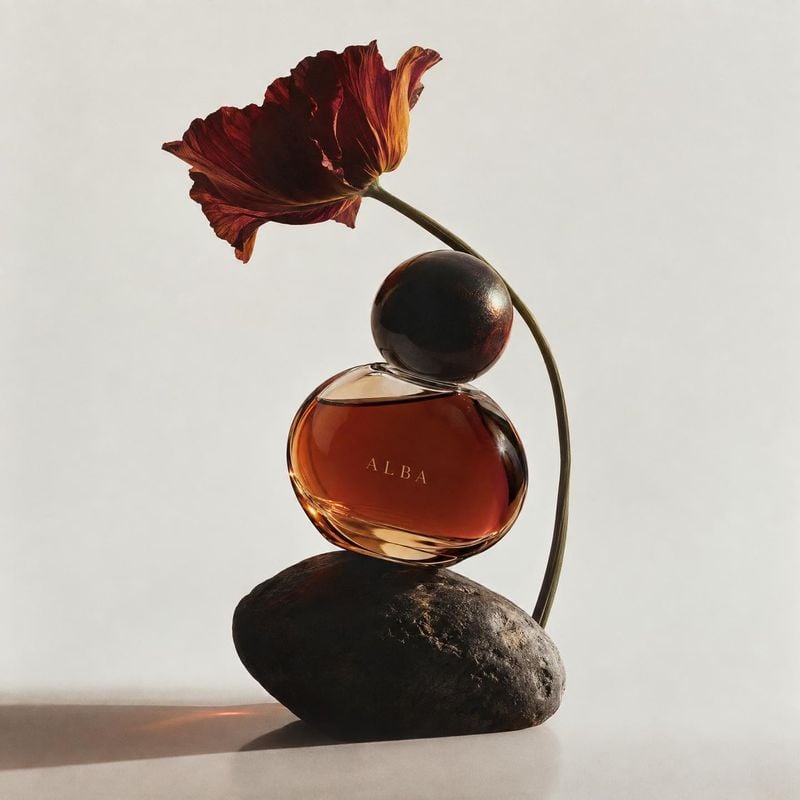 perfume bottle still life product photo: An amber perfume bottle rests on a dark sculptural stone beneath a curved stem and deep red flower, lit by warm direct…
