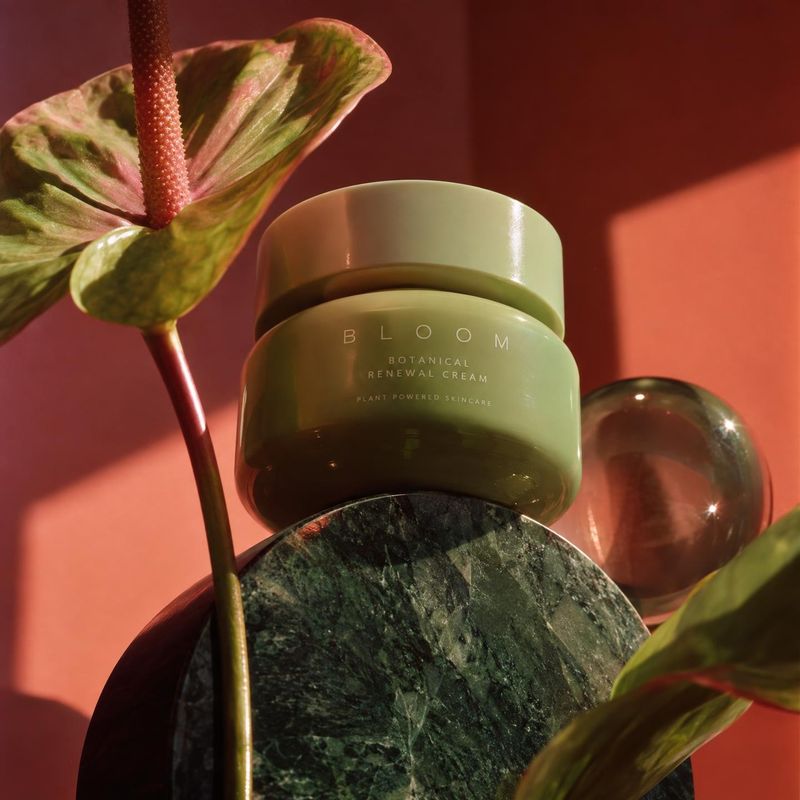 botanical renewal cream still life product photo: A green skincare jar is styled with glossy leaves, stone and glass props against a warm coral backdrop, lit b…