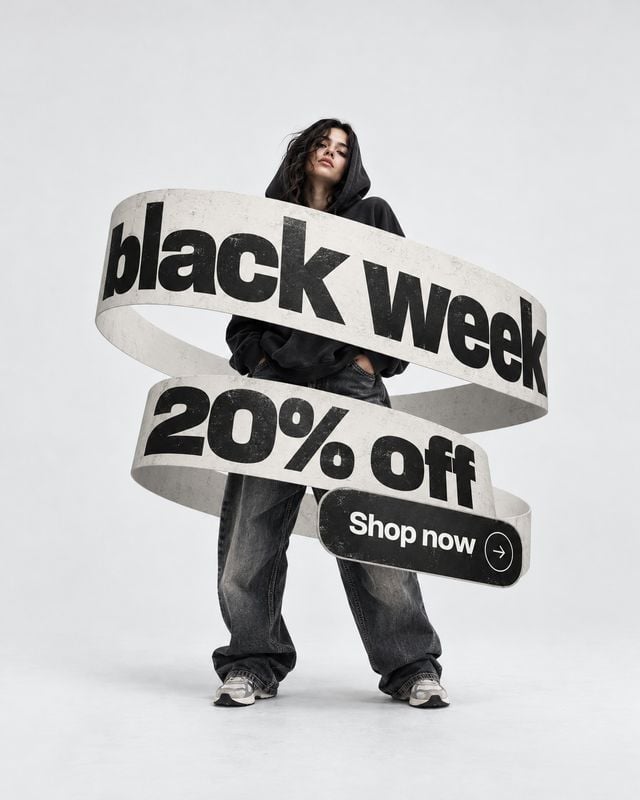 casual clothing fashion product photo: A model in a dark hoodie, loose jeans and sneakers stands against a pale studio backdrop, wrapped in oversized black-and…