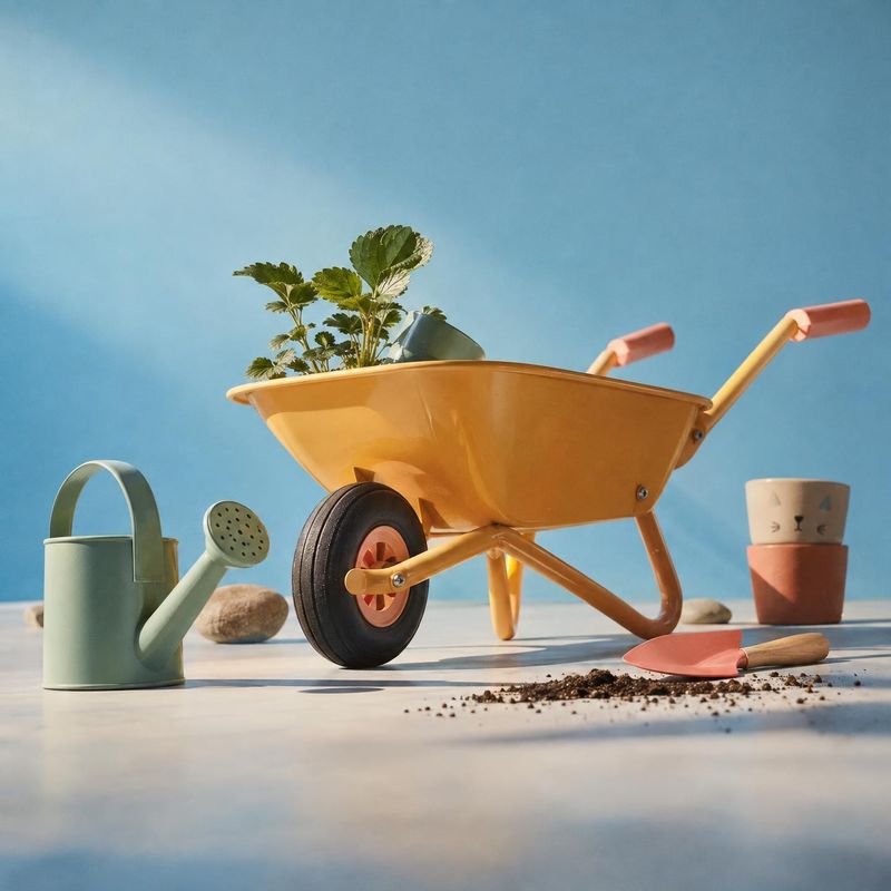 garden wheelbarrow and gardening tools still life product photo: A warm yellow wheelbarrow, watering can, trowel, and terracotta pots are artfully arranged on…