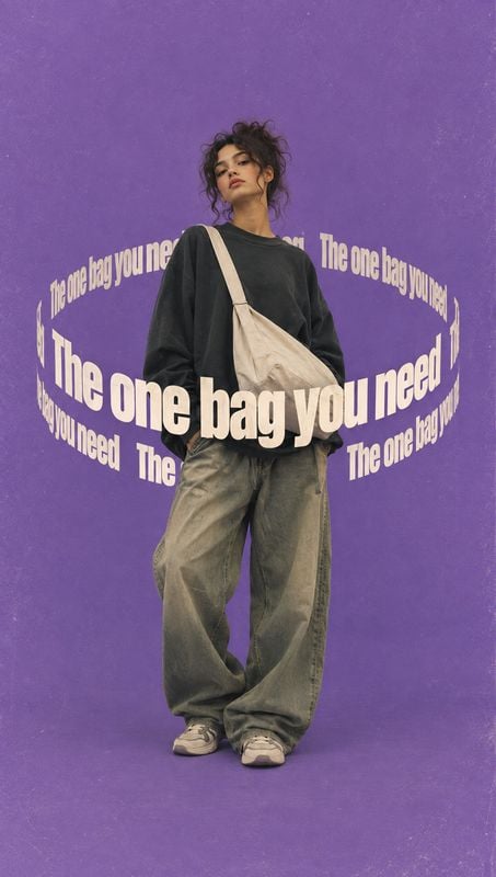 crossbody bag model try-on product photo: A model in relaxed, oversized streetwear poses with a cream crossbody bag against a vivid purple studio backdrop, sur…