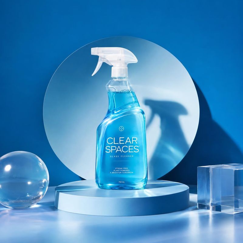 glass cleaner spray packshot product photo: A blue glass-cleaner spray bottle stands on a circular plinth among translucent glass props, lit with crisp highlig…