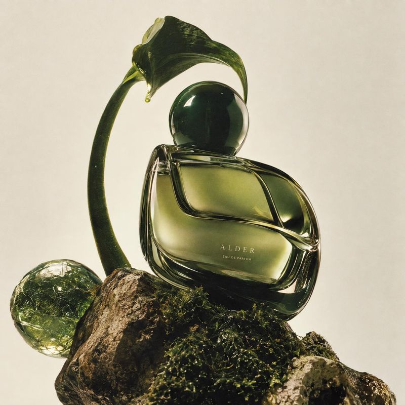 perfume still life product photo: A sculptural dark-green perfume bottle rests among mossy rocks beneath a curved leaf, lit with warm directional studio light…