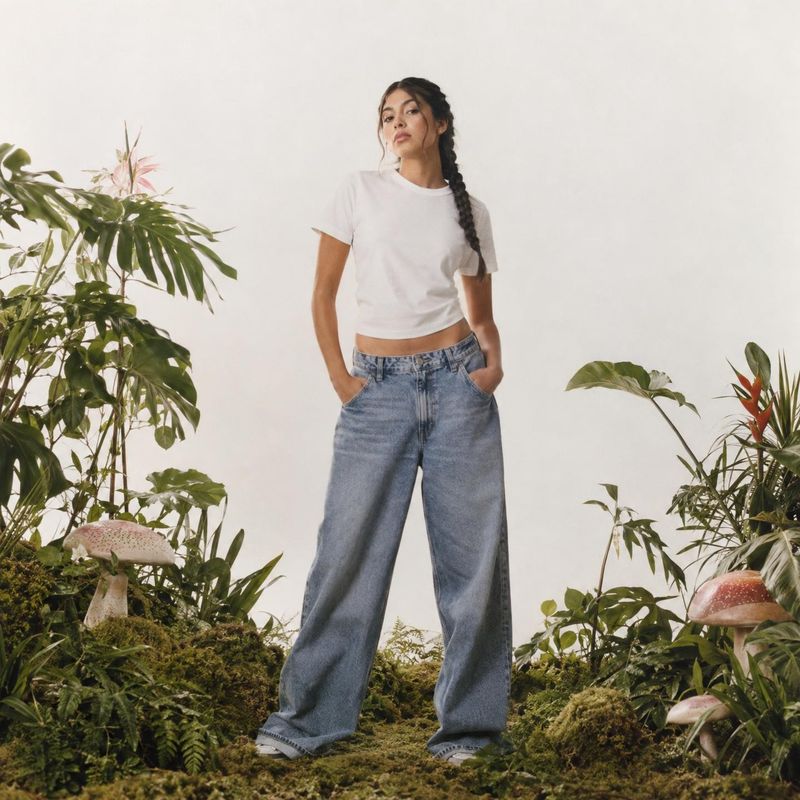 wide-leg jeans look book product photo: A model poses in a white cropped T-shirt and wide-leg jeans amid lush greenery and mushrooms on a softly lit studio set…