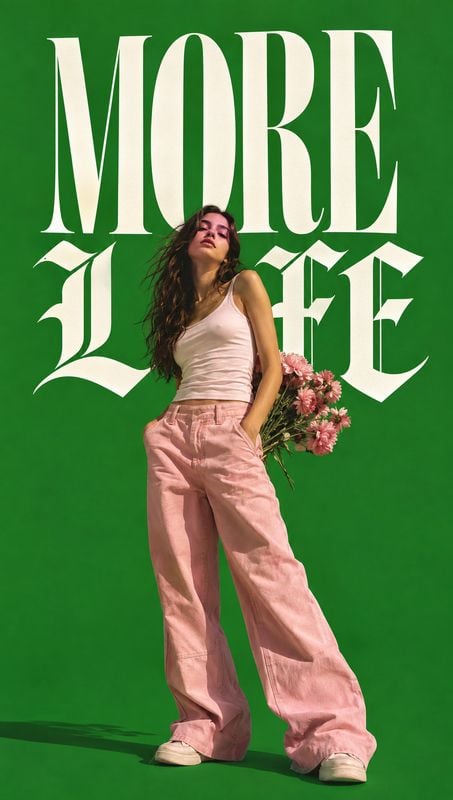 pink trousers model try-on product photo: A model in a pale tank top and flowing pink trousers poses with flowers against a vivid green studio backdrop, beneat…