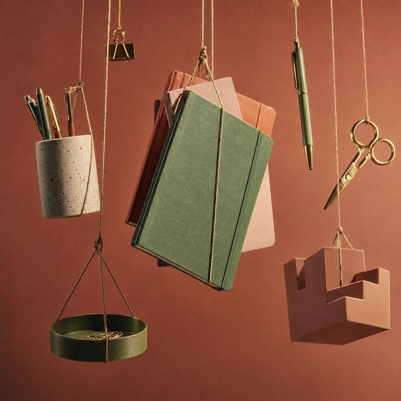 stationery set floating product product photo: A collection of notebooks and desk accessories hangs on fine cords against a warm terracotta backdrop, styled in…