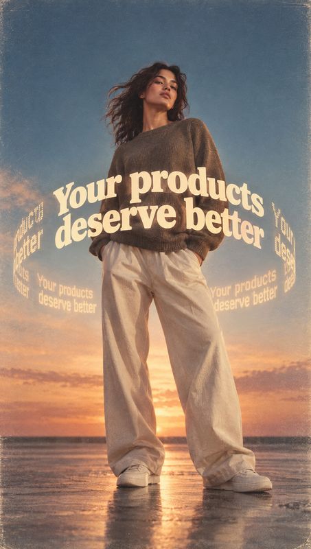 casual outfit model try-on product photo: A model in a relaxed knit sweater, loose trousers, and sneakers stands against a reflective shoreline at sunset, with…