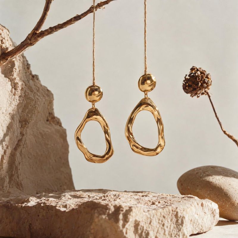 gold drop earrings close-up detail product photo: Sculptural gold earrings hang from a bare branch above sunlit stone props against a soft neutral backdrop, cr…