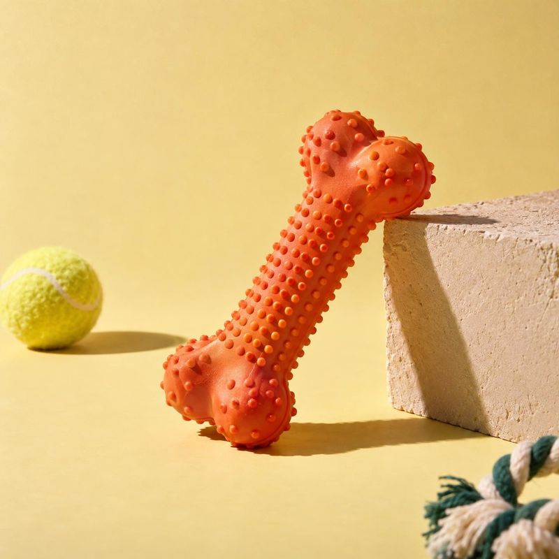 textured dog chew toy still life product photo: A bright orange textured chew bone leans against a stone block beside a tennis ball and rope toy on a warm yell…
