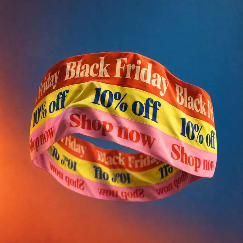 floating product product photo: Bright red, yellow, and pink ribbons printed with Black Friday, 10% off, and Shop now float against a blue-and-orange gradient,…