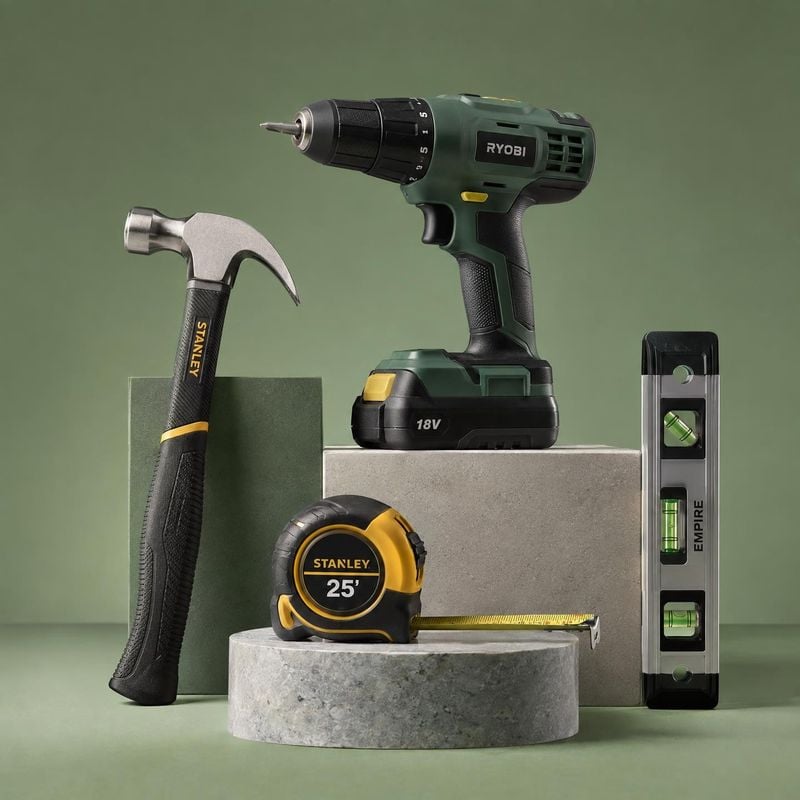 assorted hand tools still life product photo: A drill, hammer, tape measure, and level are arranged on stone and green display blocks against a muted green stu…