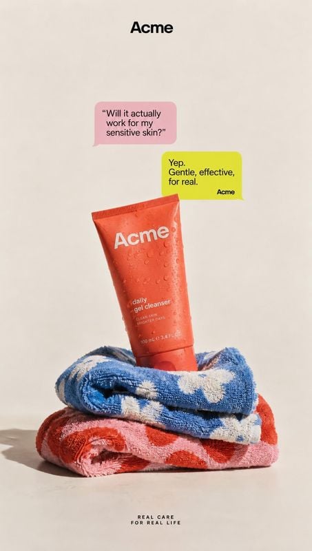 daily gel cleanser still life product photo: An orange cleanser tube stands on folded patterned towels against a warm studio backdrop, with colorful chat bubbl…
