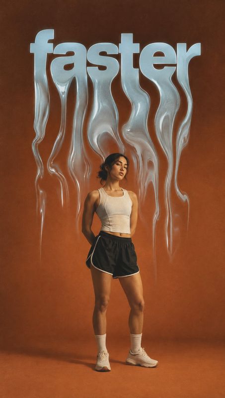 athletic apparel look book product photo: A woman in a light cropped tank, black running shorts, socks and sneakers stands against a warm rust-colored studio b…
