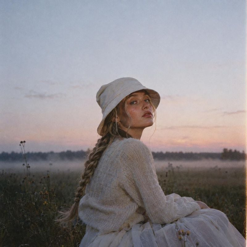 knitwear and skirt outfit look book product photo: A woman in a soft knit sweater, flowing skirt, and pale bucket hat looks back toward the camera in a misty m…