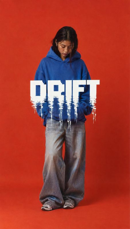 blue hoodie and jeans model try-on product photo: A model in a blue hoodie, loose jeans, and sneakers stands against a vivid red studio backdrop, with large di…