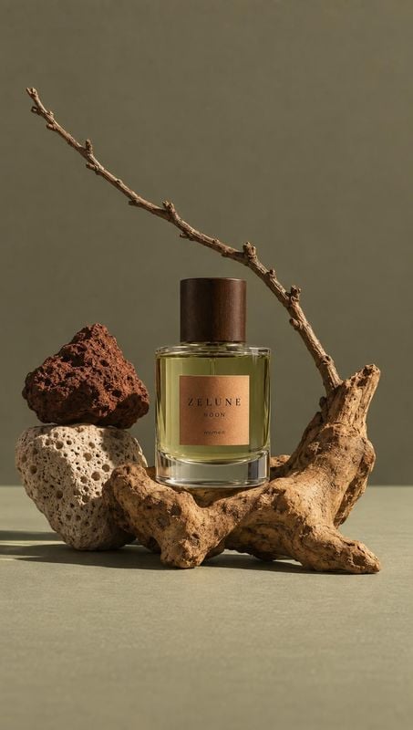 perfume still life product photo: A glass perfume bottle with a wooden cap is styled among sculptural rocks and a bare branch against an olive-toned studio bac…