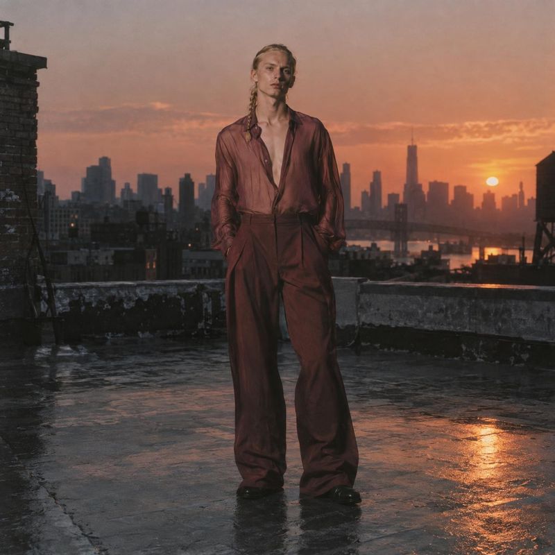 men's outfit look book product photo: A model in a relaxed burgundy shirt and wide-leg trousers stands on a wet rooftop against a city skyline at sunset, creat…