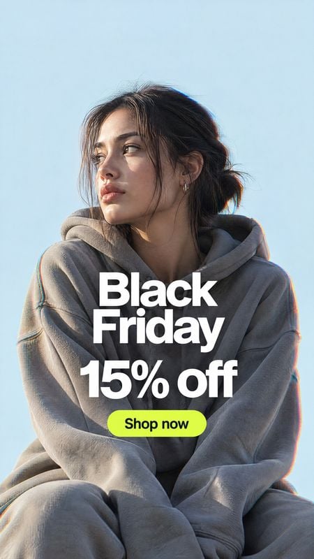 hoodie fashion product photo: A woman in an oversized gray hoodie sits against a pale blue sky, with bold white Black Friday discount lettering and a bright li…