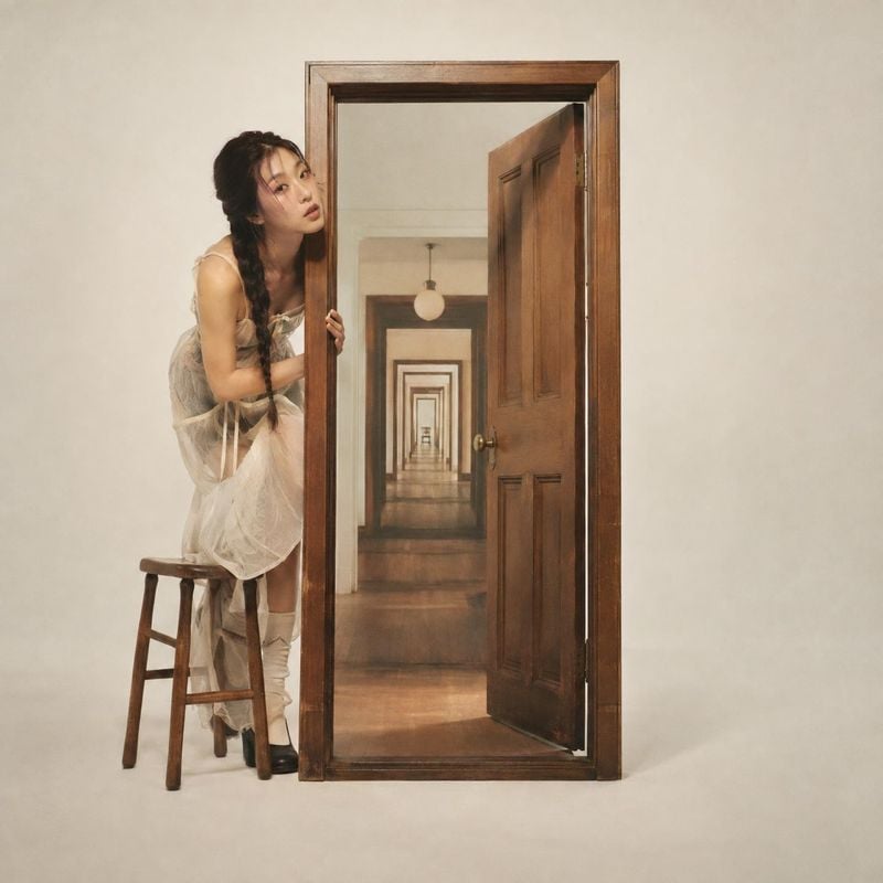 sheer dress look book product photo: A model in a sheer layered dress and knee-high socks leans beside a wooden doorway, with a long, warmly lit hallway recedi…