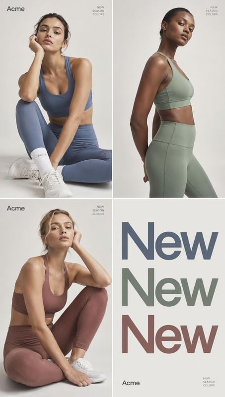 women's activewear look book product photo: Three models pose in coordinated muted-toned activewear against a softly lit neutral studio backdrop, paired with o…