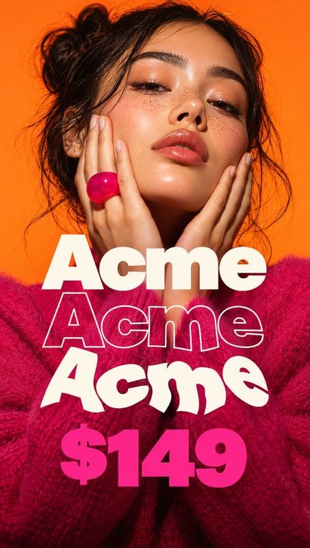 fuzzy sweater beauty close-up product photo: A close-up beauty portrait of a woman in a vivid magenta fuzzy sweater and statement ring against an orange studio…