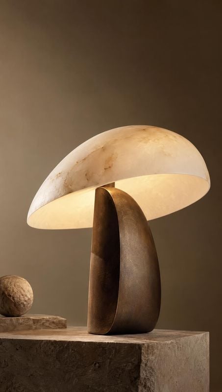 table lamp still life product photo: A sculptural stone-and-bronze table lamp glows warmly on a rough stone plinth against a softly lit brown backdrop, with a…