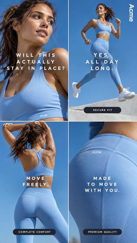 blue activewear set model try-on product photo: A woman models a light-blue sports bra and leggings across a four-panel outdoor campaign, with bright sunlight,…