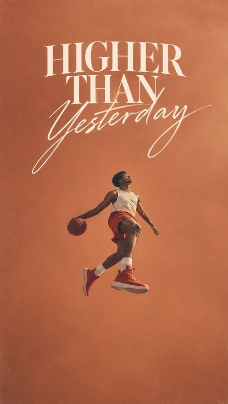 sneakers posters product photo: A basketball player leaps with a ball against a warm terracotta backdrop, beneath oversized cream lettering, creating an uplift…
