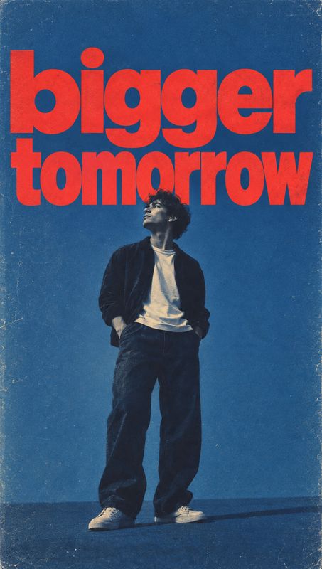model try-on product photo: A young man in casual dark denim and a jacket stands against a textured blue studio backdrop beneath oversized red display letterin…