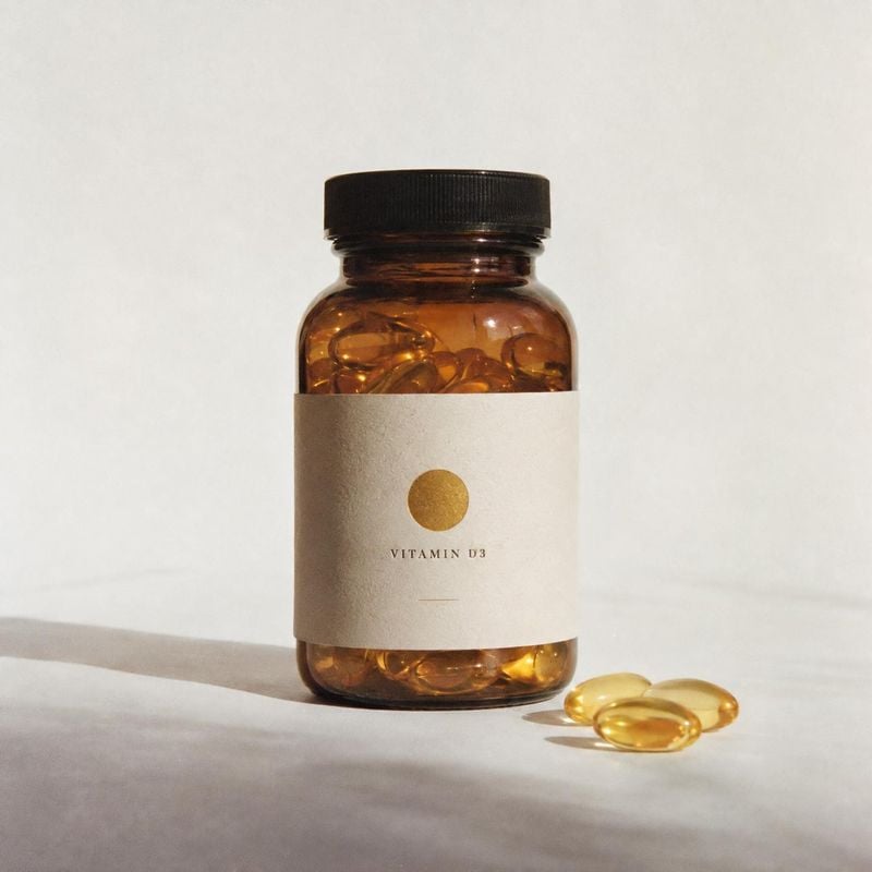 Vitamin D3 supplement bottle packshot product photo: An amber bottle of vitamin D3 capsules and a few loose softgels sit on a pale surface, lit by warm directi…