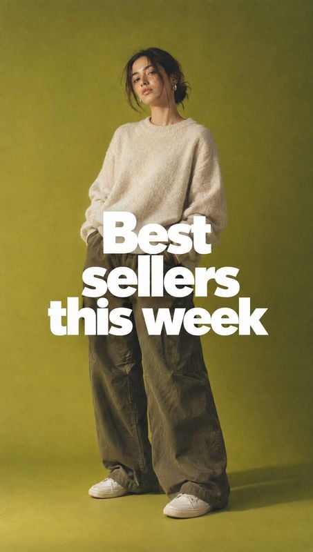 casual outfit look book product photo: A model poses in a relaxed cream sweater, loose olive trousers and white sneakers against a muted chartreuse studio back…