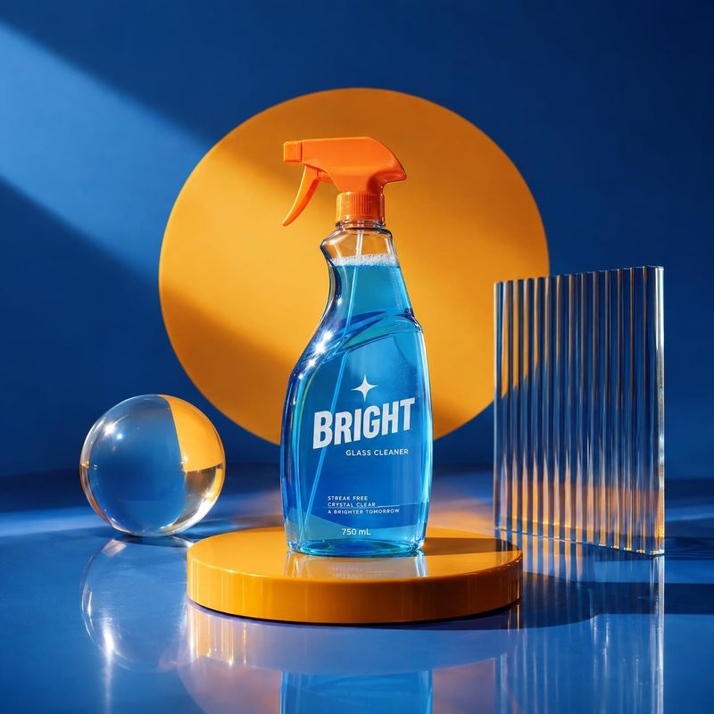 glass cleaner spray still life product photo: A blue glass-cleaner spray bottle stands on a glossy orange plinth among reflective geometric props, lit with viv…