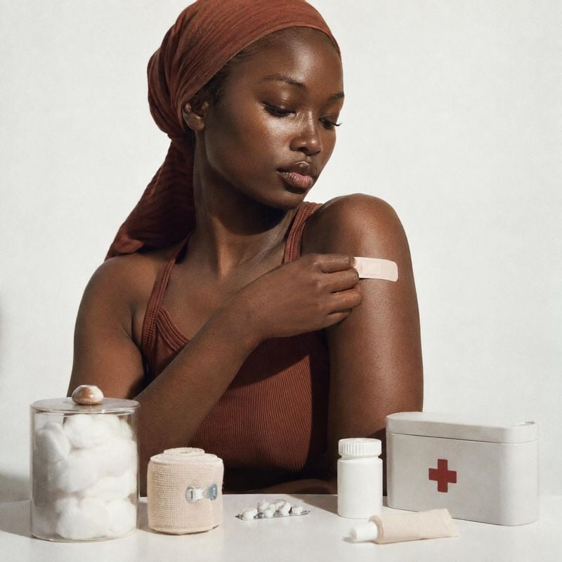 first-aid supplies model try-on product photo: A woman in a rust-colored headscarf and top applies a bandage to her upper arm beside neatly arranged first-aid…