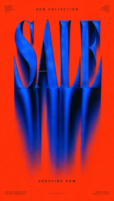 posters product photo: A vivid red fashion campaign poster pairs oversized sculptural blue lettering with small collection and launch details for a bold, high-…