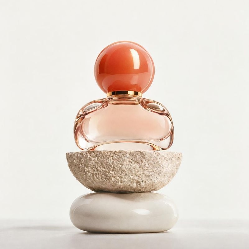 perfume bottle still life product photo: A sculptural glass perfume bottle with a coral-toned cap is balanced on pale stone forms against a softly lit ivory st…