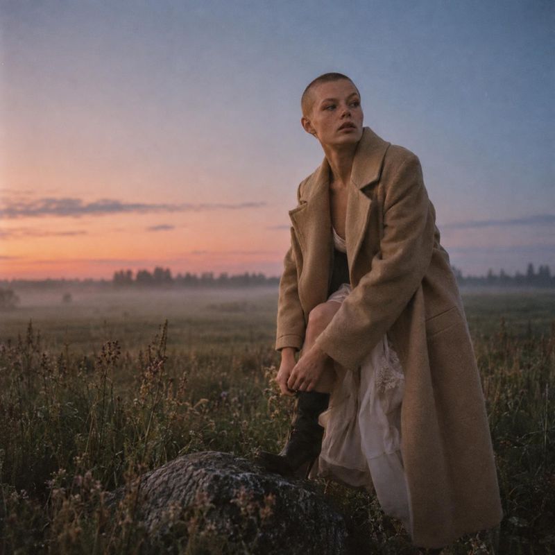 wool coat look book product photo: A model in a long camel coat and layered pale clothing poses on a rock in a misty meadow at sunset, with a soft, contemplati…