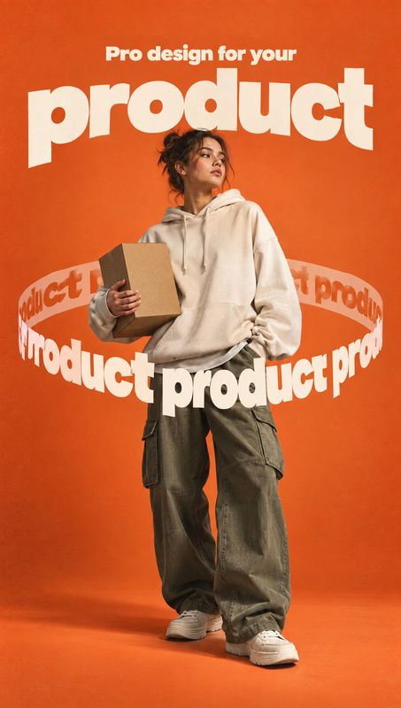 hoodie and cargo pants model try-on product photo: A model in a relaxed cream hoodie, olive cargo pants, and sneakers poses with a cardboard box against a vivi…