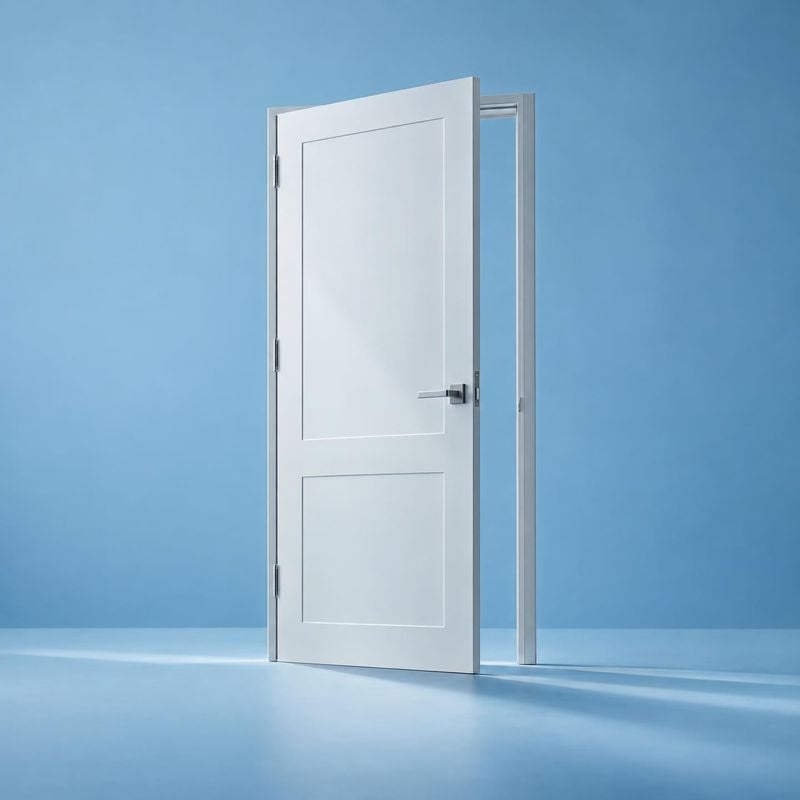 interior door packshot product photo: A white paneled door stands slightly ajar against a seamless blue studio backdrop, lit softly with crisp shadows for a cl…